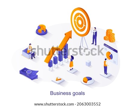 Business goals isometric web concept. People work together on project, aim at target, increase company profit, analyze financial statistics scene. Vector illustration for website template in 3d design