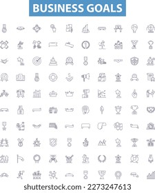 Iconos de línea de objetivos de negocio, signos establecidos. Ambición, Beneficio, Expansión, Productividad, Clientela, Calidad, Innovación, Eficiencia, Esbozo de Impacto de ilustraciones vectoriales.