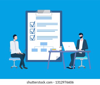 Business goals list with check marks vector, businessmen with laptops. Notepad and scheme, work desktop and coffee cup, entrepreneurs or office workers