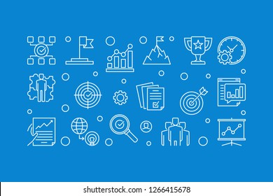 Business Goals and Objectives vector outline horizontal illustration on blue background