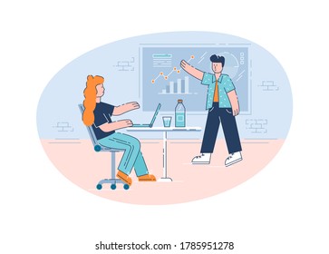 Business goals semi flat vector illustration. Office colleagues, company workers 2D cartoon characters for commercial use. Professional accounting service, company development strategy planning