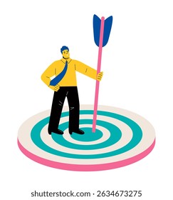 Business goals success concept. Business man with arrow target. Flat vector illustration isolated on white 
