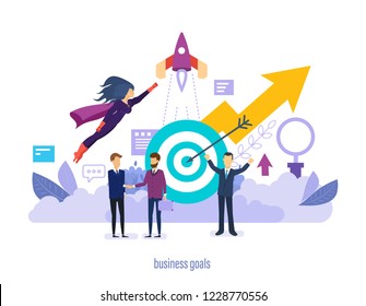 Business goals. Successes in business partnership together, implementation of start-up projects, improvement of professional skills, achievement of high goals, financial growth. Vector illustration.