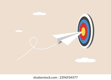 Business goals or targets, challenges to achieve success, winning business competition, origami paper airplane flying through a dartboard on target.