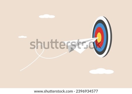 Business goals or targets, challenges to achieve success, winning business competition, origami paper airplane flying through a dartboard on target.