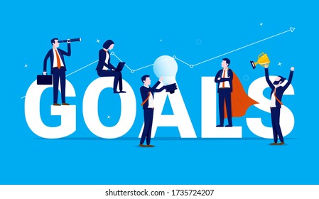 Business goals -  A team of business people working on and around the word goals. Man with light bulb, woman with laptop, winner, hero and man using binoculars. Motivation and success concept. Vector.