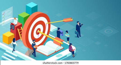 Business goals and team work concept. Vector of company employees working together to achieve success 