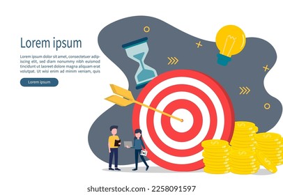 Business goals. There is a bullseye with an arrow in the middle of the bullseye. Represents a successful goal. Two businessmen consulting for company profit. Vector illustration eps10.