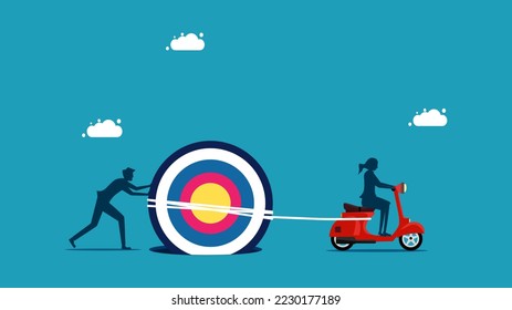 business goals. Two businessmen work together to get a target out of a pitfall