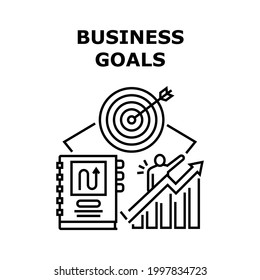 Business Goals Vector Icon Concept. Business Goals In Notebook, Increase Financial Profit And Success Achievement. Businessman And Company Target For Development Black Illustration