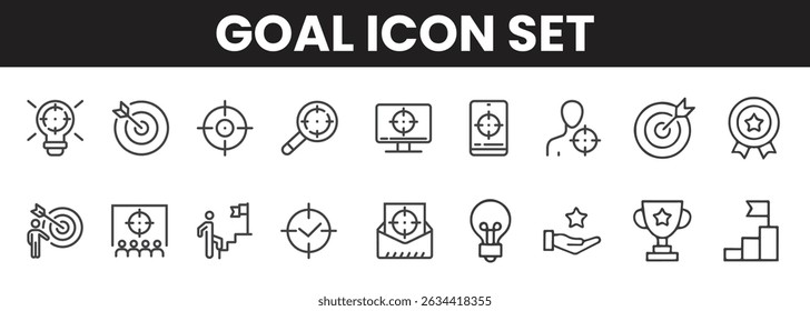 Conjunto de iconos de Web de objetivos de negocio. Una colección de íconos de estilo de línea que representan el proceso, el objetivo, la finalidad, el enfoque, los recursos humanos, la estrategia, el ganador, el Plan de acción y más. Características totalmente editables