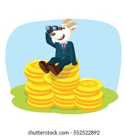 business goat on stack of coin with binocular