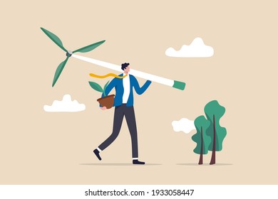 Business going green, environment eco friendly in climate change crisis or sustainability concept, smart businessman carrying wind turbine and plant seedling going to create green energy.