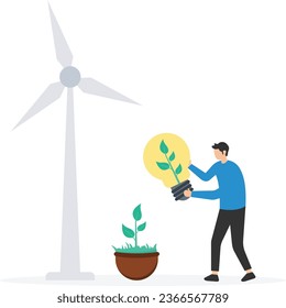 Business going green, Environment eco friendly in climate change crisis or sustainability, Carrying wind turbine and plant seedling,  Going to create green energy

