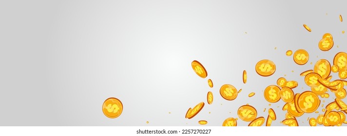 Business Gold Coin Vector Gray Panoramic Background. Shiny Dollar Paper Certificate. Metal Jackpot Card. Cartoon Currency Flyer.