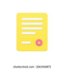 Business gold document with seal 3d icon. Yellow sheet with white stripes of text and stamp. Online agreement with electronic security. Official confirmation of partnership. Vector isolated realistic