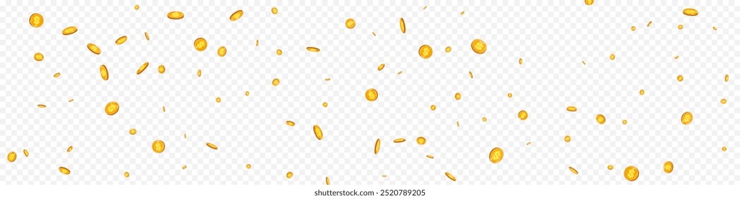 Business Golden Currency Vector Transparent Panoramic Background. Metal Cash Monetary Card. Shiny Coin Banner. Cartoon Dollar Design.