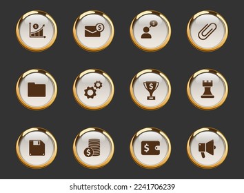 business gold-rimmed vector icons on dark background. business icons in gold frame for web, mobile and ui design