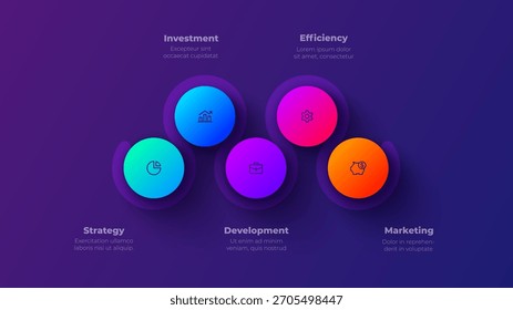 Business Gradient Infografik Vektor mit 5 Schritten. Runddiagramm für Investitionen, Entwicklung, Strategie und Marketing