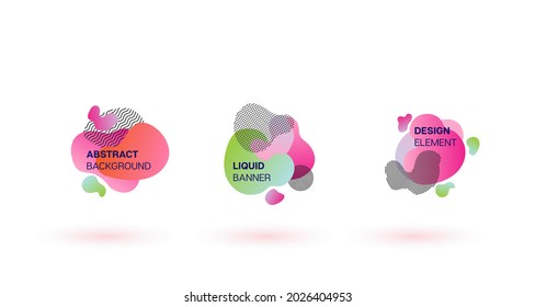 Business Gradient Overlay Pattern. Dynamic Splashes. Trendy Wavy Geometric Fluid Forms. Business Fluid Banners. Liquid Shapes Vector Set. Green, Purple Liquid Organic Shapes. Digital UI Logo Elements.