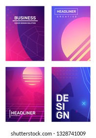 Business gradient retro futurism abstraction, background with space planet, star. Vector set of creative pink and blue abstract illustration with header. Template composition design for web, poster