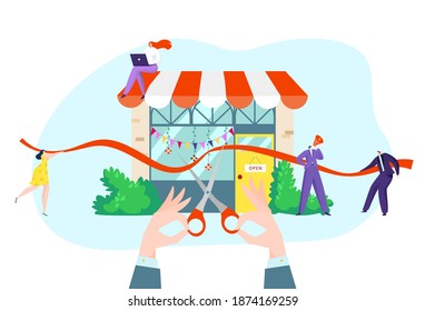 Business grand opening event with people, vector illustration. Cut red ribbon ceremony at new store concept, man hold scissors. Man woman character at cartoon opening celebration banner.