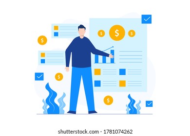Business graph analysis concept illustration for landing page template. Flat Design Concept. Vector illustration flat design style. vector illustration eps10.