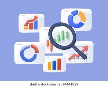 Business graph analysis report research result 3D illustration. Magnifying glass analyze research chart and graph. Chart and diagram dashboard vector, financial graph statistics, analyze data, SEO