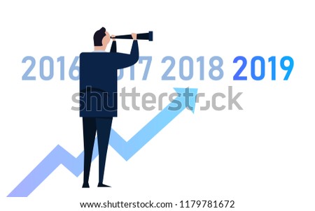 Business graph with arrow up and 2019 symbol, Success concept and growth idea vector illustration. manager leader vision looking into future compare with previous year.