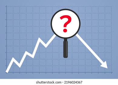 Gráfico de negocios con flecha y gran signo de interrogación colocado en el punto de ruptura desde el aumento a la disminución del proceso. Crecimiento y decadencia económicos, cuestiones financieras, progreso y retroceso, análisis empresarial