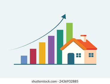 Gráfico de negocios con flecha y casa. El precio de la vivienda o las tasas de interés están aumentando, Concepto de bienes raíces, financiación de la vivienda, préstamos hipotecarios y crecimiento de la inversión inmobiliaria. Ilustración vectorial.