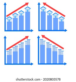 Business graph with arrow.Real estate, houses, condominiums and graphs increase, decrease.Homes and buildings can be expensive or cheap.Sign, symbol, icon or logo.Flat design.vector illustration.