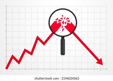 Business graph with broken arrow and magnifier placed in breaking point from increasing to decreasing process. Economic growth and decline, financial issues, progress and regress, business analytics svg