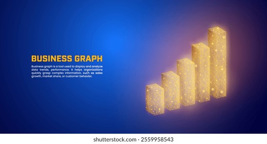 Business graph chart in glowing low poly style on dark blue background, abstract orange bar chart suitable for presentation of economic, marketing, financial and income analysis data.