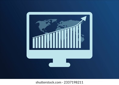 Business graph chart of stock market investment trading on computer screen with world map on blue background. Vector illustration.