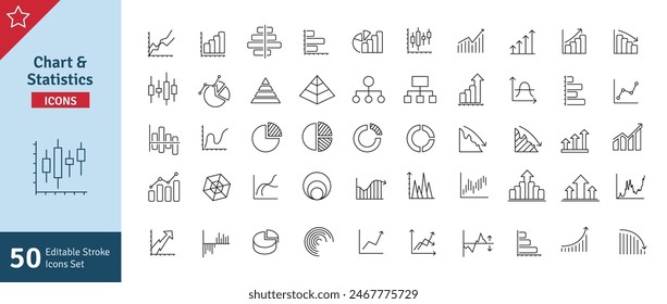 Business Graph and Charts Line Icons Set. Statistics, Analytics, Data, Financial Chart, Diagrams, Economy, Money, Candlesticks, Bar Charts, Pie Charts Etc. Editable Stroke Vector Illustration.