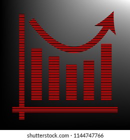 Business graph charts. Vector. Striped red and black icon at gradient blackish background. Zebra.