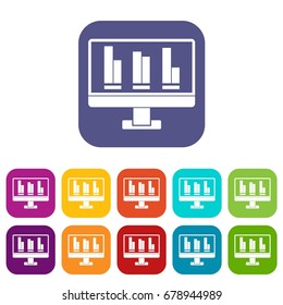Business graph at computer screen icons set vector illustration in flat style In colors red, blue, green and other