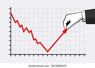 Business graph with descending zigzag line and hand pulling it up, helping to make growth process. Concept of economic and financial assistance for business progress and success, startup development