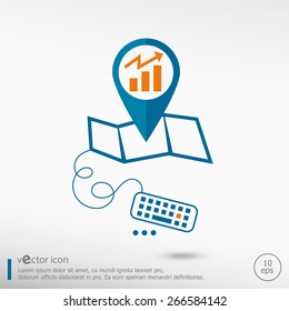 Business graph design element and pin on the map. Line icons for application development, creative process.