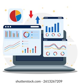 Business graph and diagram for information and report analysis on the laptopn screen concept. Market research, product testing and data analysis on modern flat design. 