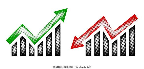 Gráfico de negocios hacia arriba y hacia abajo iconos de semitonos de flecha. Gráfico, verde, rojo, flechas, yendo, gráfico de barras, punteado, moviéndose hacia abajo y moviéndose hacia arriba Diseño de Vector. Fondo transparente