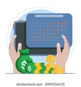 Business graph Finance concept, Money on device screen with graph on isolated background, money coin growth business for finance, investment, graphs and charts. digital marketing.