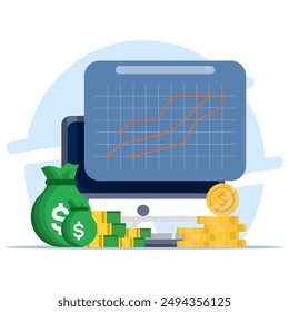 Concepto de finanzas, Dinero en pantalla del dispositivo con gráfico en fondo aislado, negocio de crecimiento de moneda de dinero para finanzas, inversión, gráficos y gráficos. marketing digital.