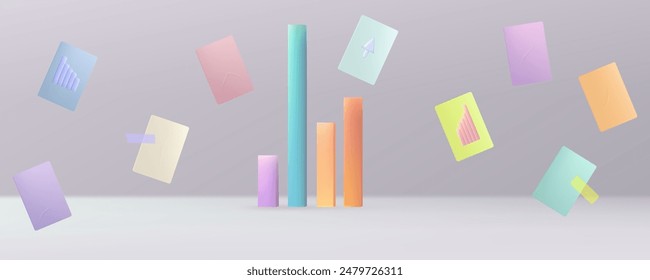 Business graph with flying documents. Financial performance indicators. Performance, diagram, goal, successful result. Dashboard, data indicators, statistics. The financial analysis KPI. Vector.