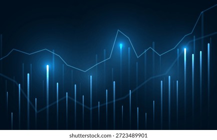 Gráfico de negócios na forma de um gráfico de castiçal. Fundo de tecnologia abstrata azul escuro, refletindo o conceito de investimento e negociação no mercado de ações. Ilustração vetorial
