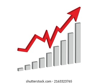 Business graph with going up red arrow on white background, Profit red arrow, Vector illustration.Business concept, growing chart. Concept of sales symbol icon with arrow moving up. Economic Arrow.