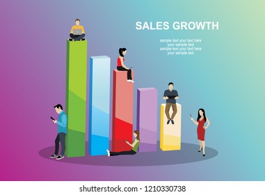 Business graph growth concept vector illustration of professional people working as team and sitting on growing chart. Flat people using laptops to develop business. White business background