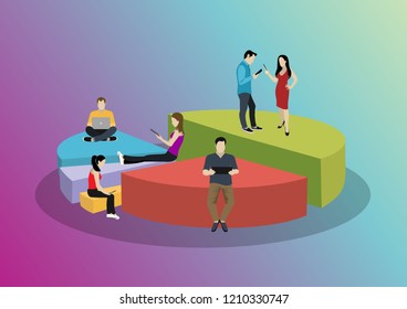 Business graph growth concept vector illustration of professional people working as team and sitting on growing chart. Flat people using laptops to develop business. White business background