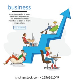 Business graph growth concept vector illustration of professional people working together as team and sitting on arrow.